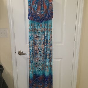 Strapless Blue and Orange Bisou Bisou Maxi Dress